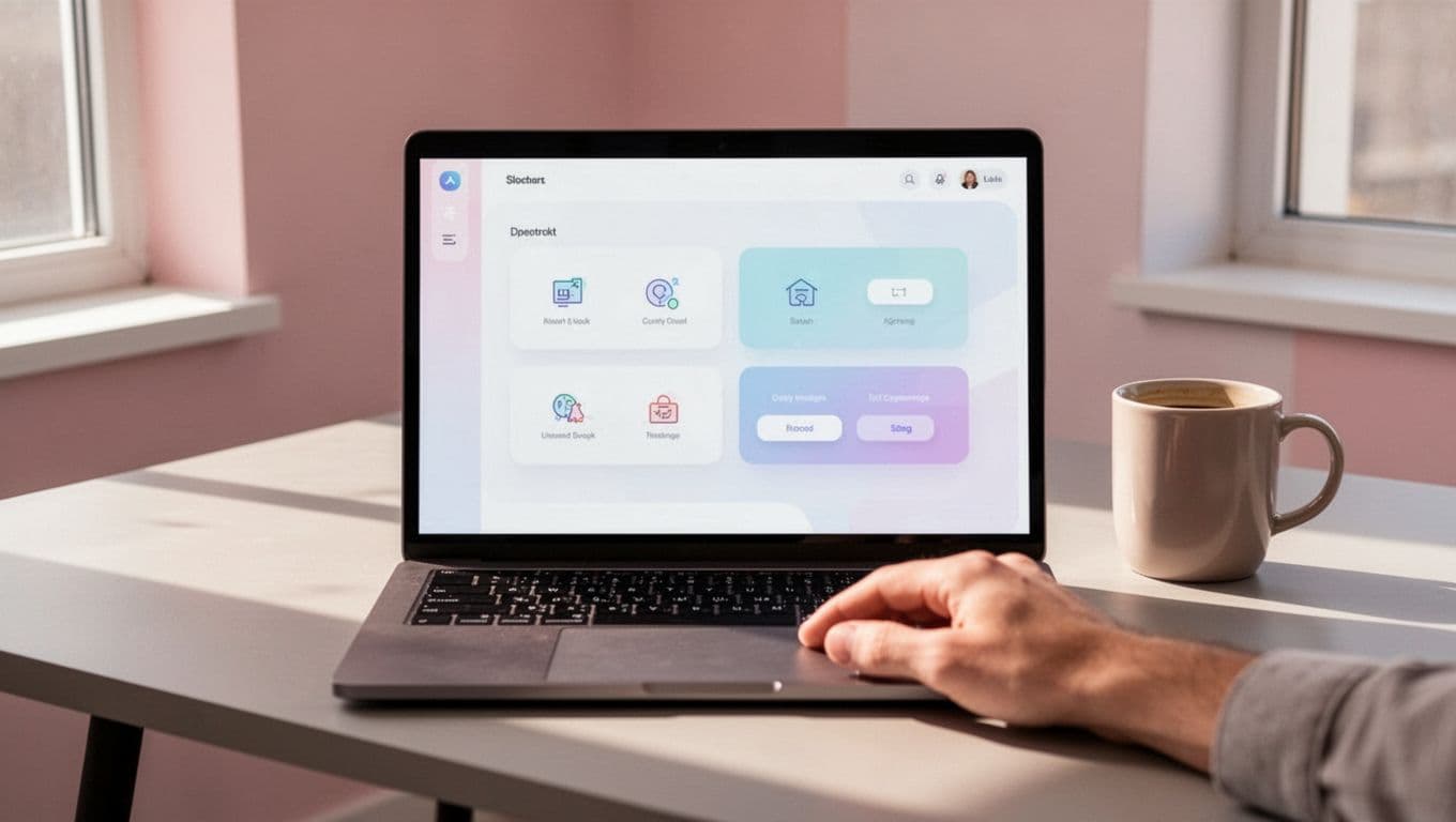Laptop on modern desk with coffee mug shows podcast dashboard for private show, hand near keyboard.