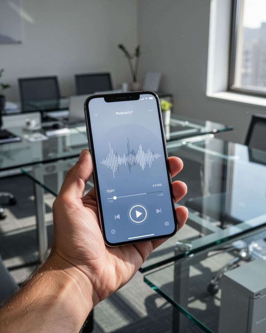 Modern illustration of a hand holding a mobile phone in an office, screen displaying a private podcast player app with episode list, play button, and waveform interface in blues and whites.