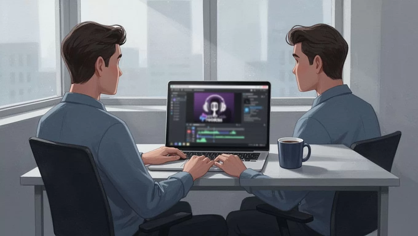 Person seated at modern desk in quiet office with open laptop on blurred podcast dashboard and coffee mug.