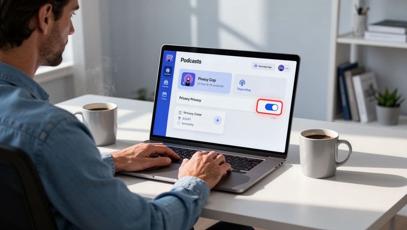 Modern illustration of a person in a cozy home office at a desk using a laptop to set up a private podcast on the Transistor.fm dashboard, with clean interface, private toggle highlighted, one coffee mug, blues and whites palette.