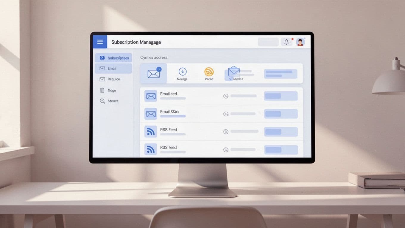 Computer screen in modern workspace displays subscriber page with emails and RSS feeds lists.