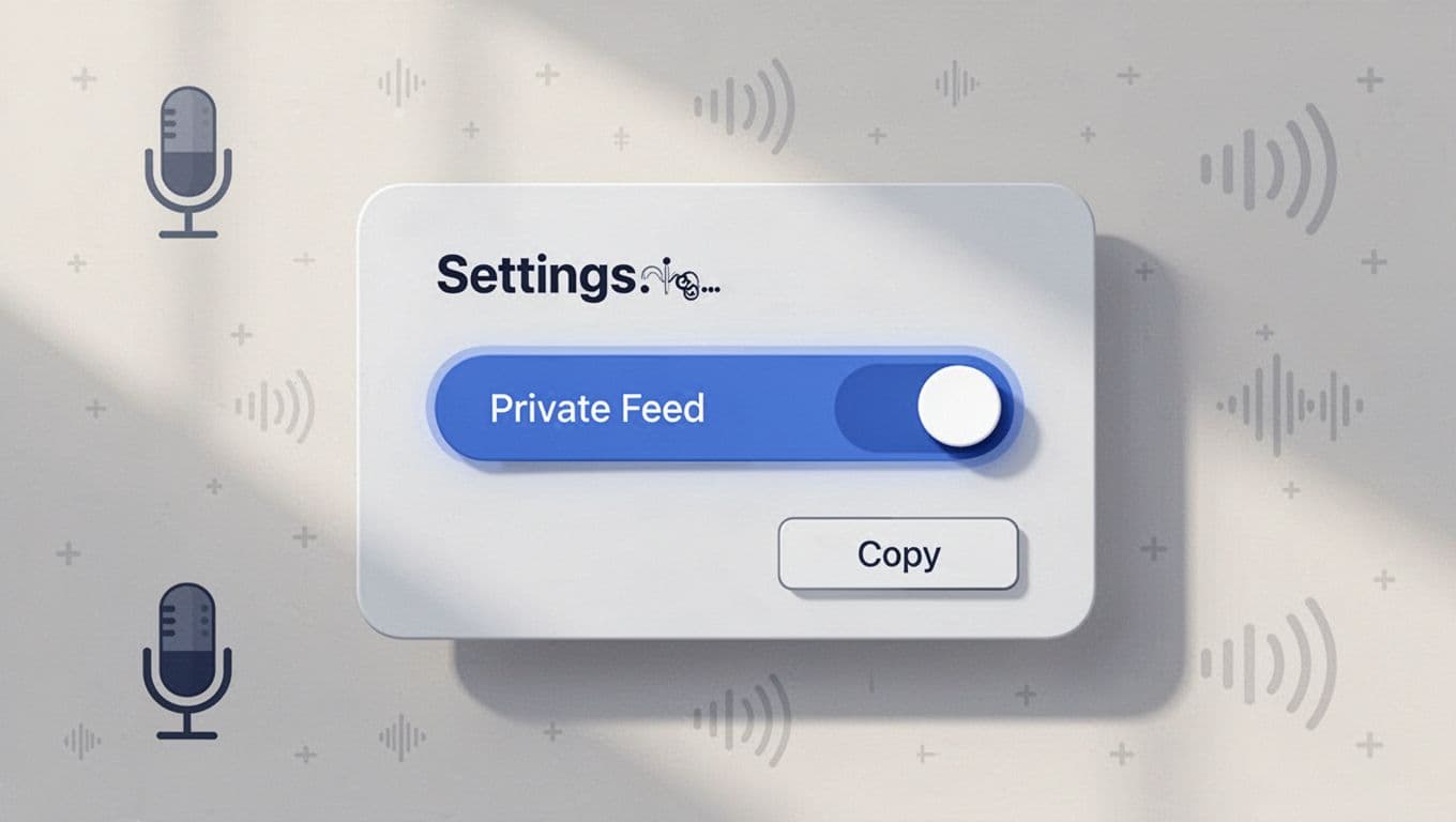 Settings panel with private RSS toggle switch and copy button amid subtle microphone and wave icons.