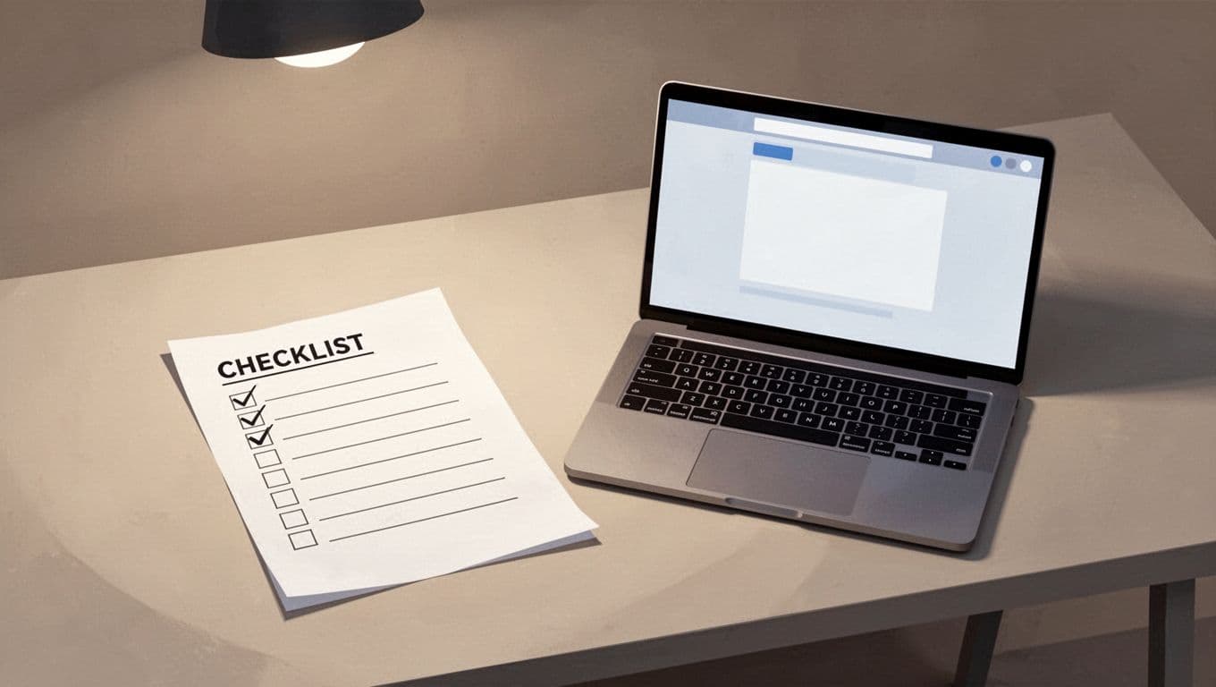 Modern illustration of a simple checklist template for recurring team processes, printed on paper next to a laptop on a neutral workspace desk. Icons represent steps like review, approve, and archive, with soft overhead lighting and no people or hands.