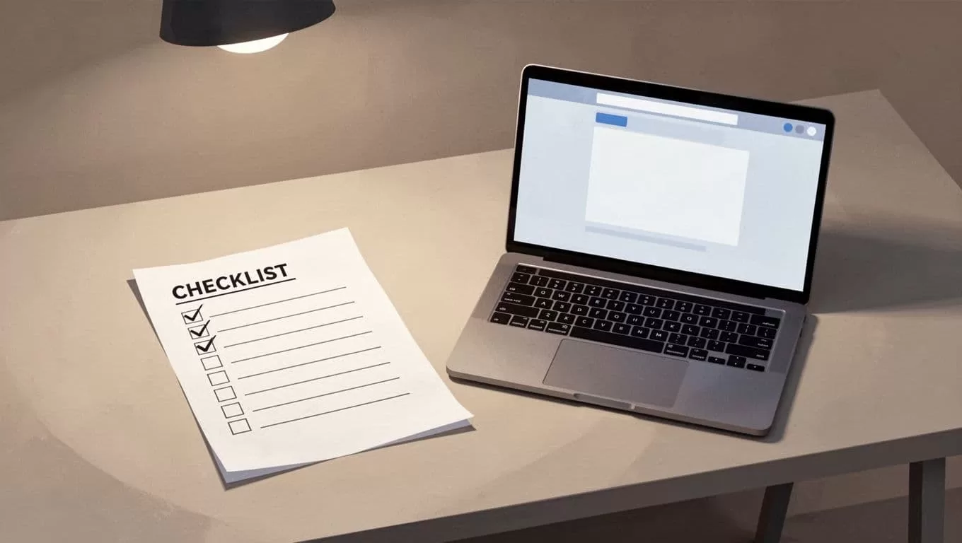 Modern illustration of a simple checklist template for recurring team processes, printed on paper next to a laptop on a neutral workspace desk. Icons represent steps like review, approve, and archive, with soft overhead lighting and no people or hands.