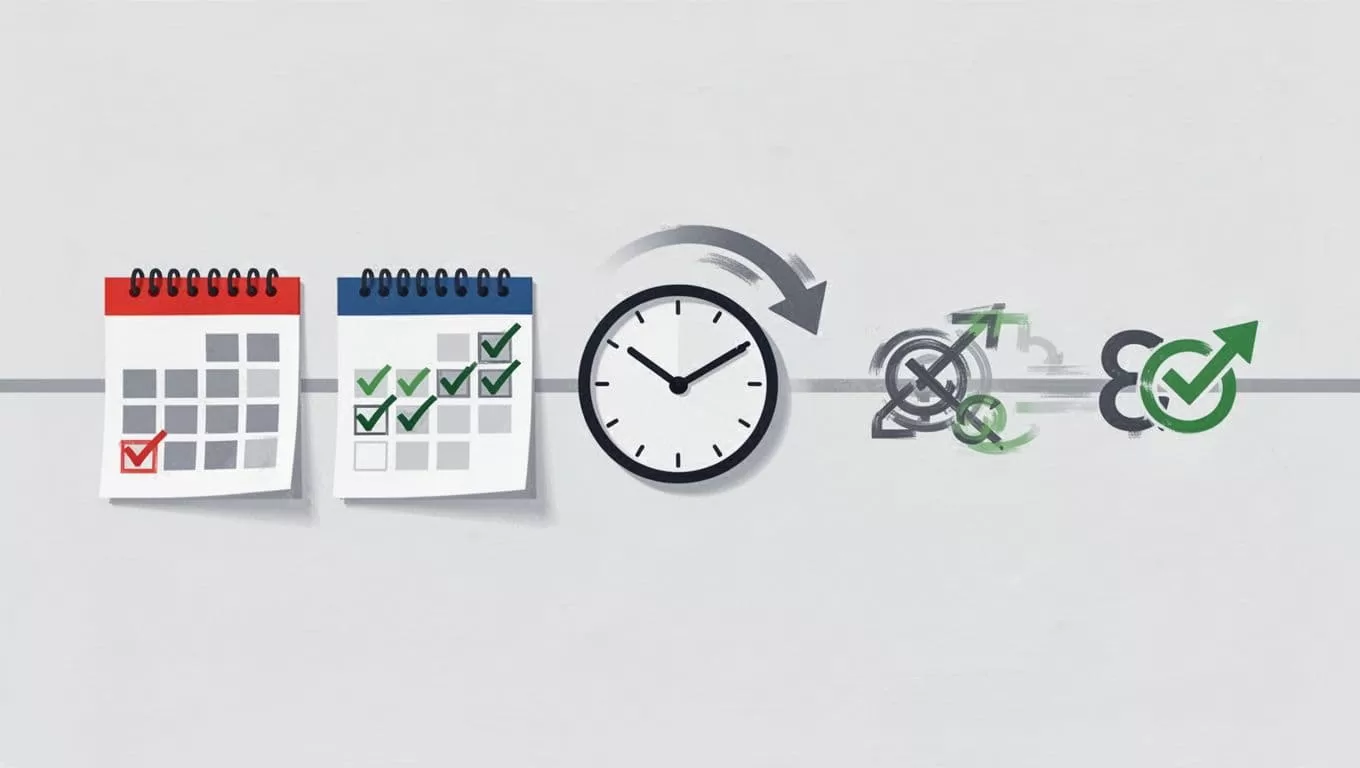 Modern illustration featuring a calendar with checkmarks on dates, a clock showing time passing, and payment icons transitioning from pending to completed, composed as a simple timeline.