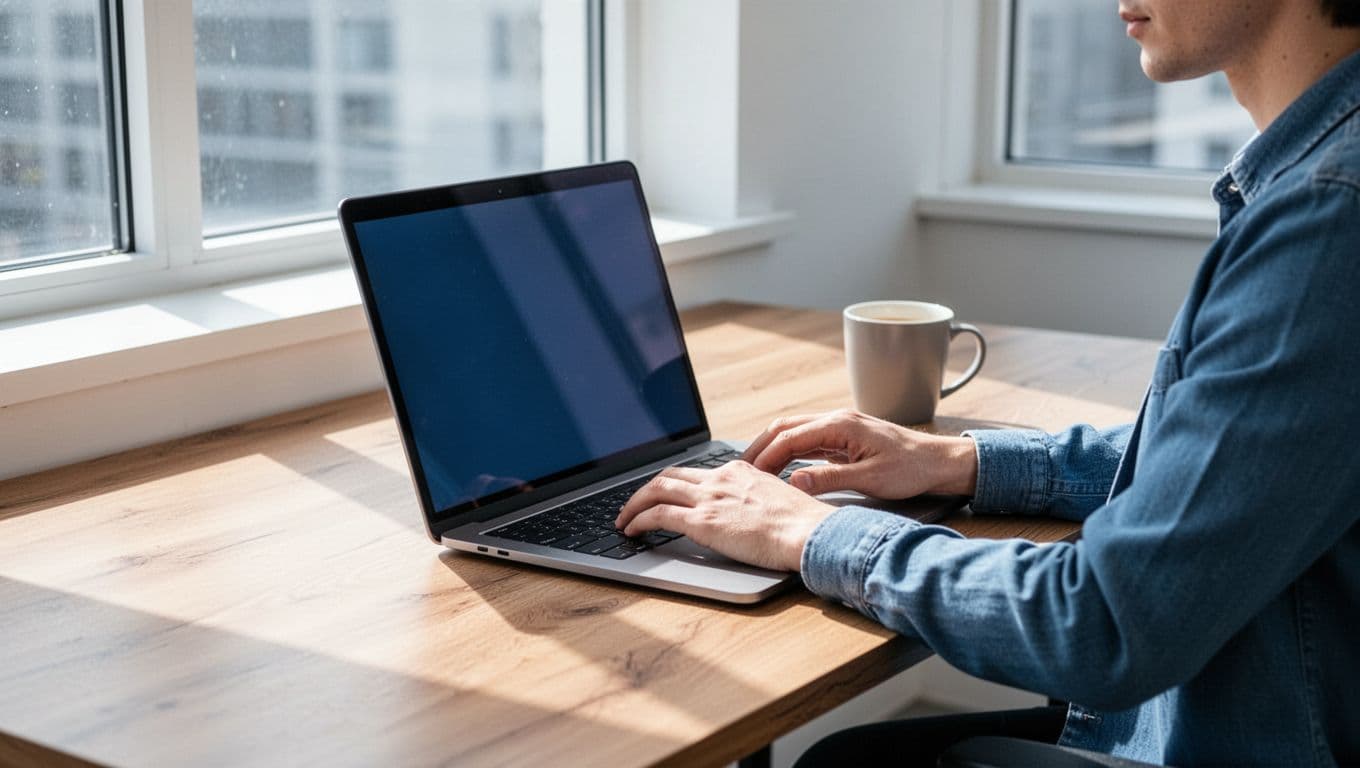 A single procurement professional sits at a modern wooden desk in a bright office, with a laptop displaying the Hunter.io domain search interface showing procurement role emails, coffee mug nearby, natural daylight, side angle focus on screen and hands.