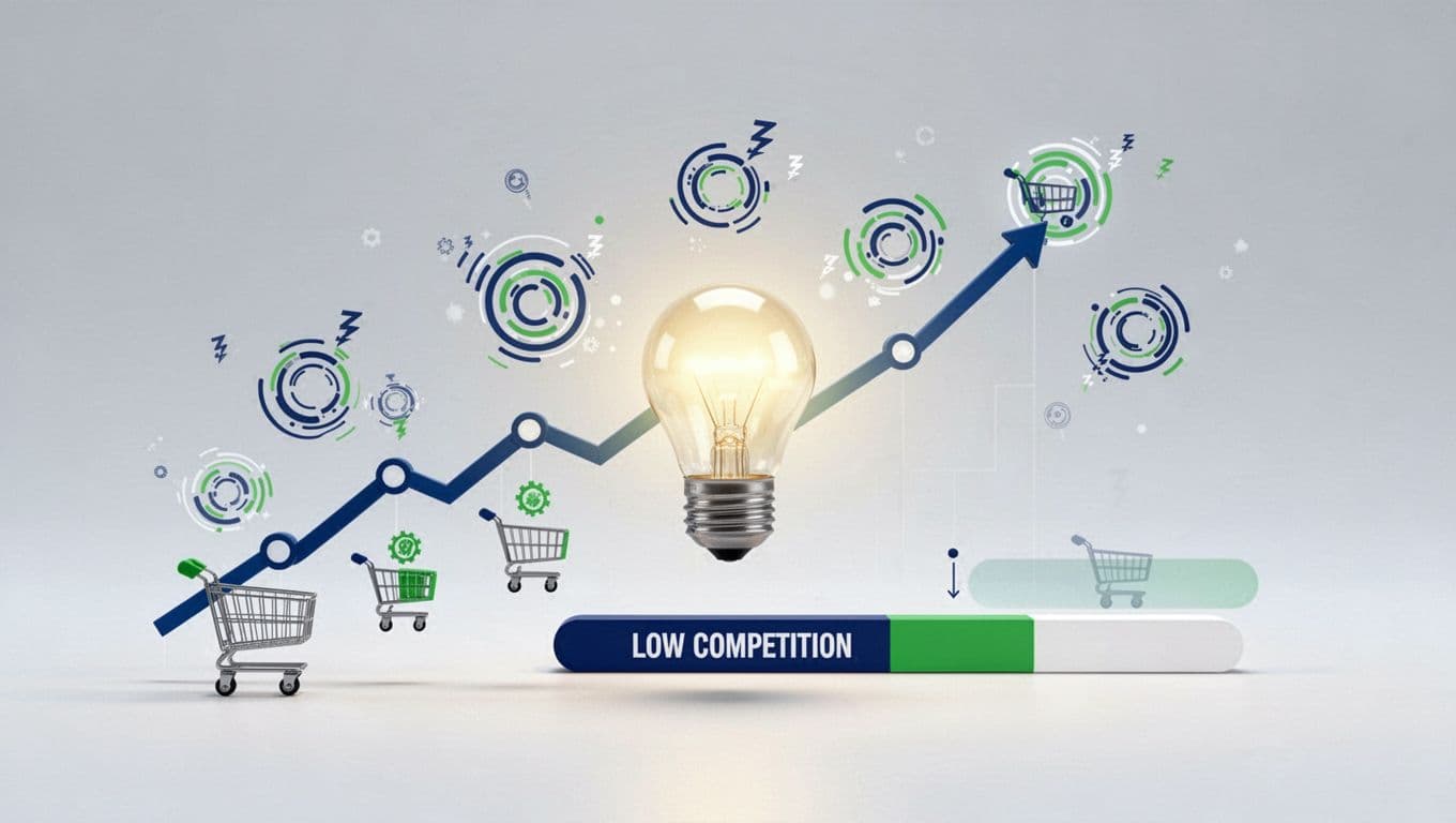 Modern illustration of product validation steps using clean icons: upward search graph, buzzing social media, marketplace carts, low competition bar, and central lightbulb idea on soft gradient background.