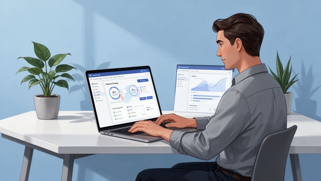 Modern illustration of a product manager at a desk with an open laptop displaying the Mida.so dashboard for creating a new feature flag, side angle view in a simple office.