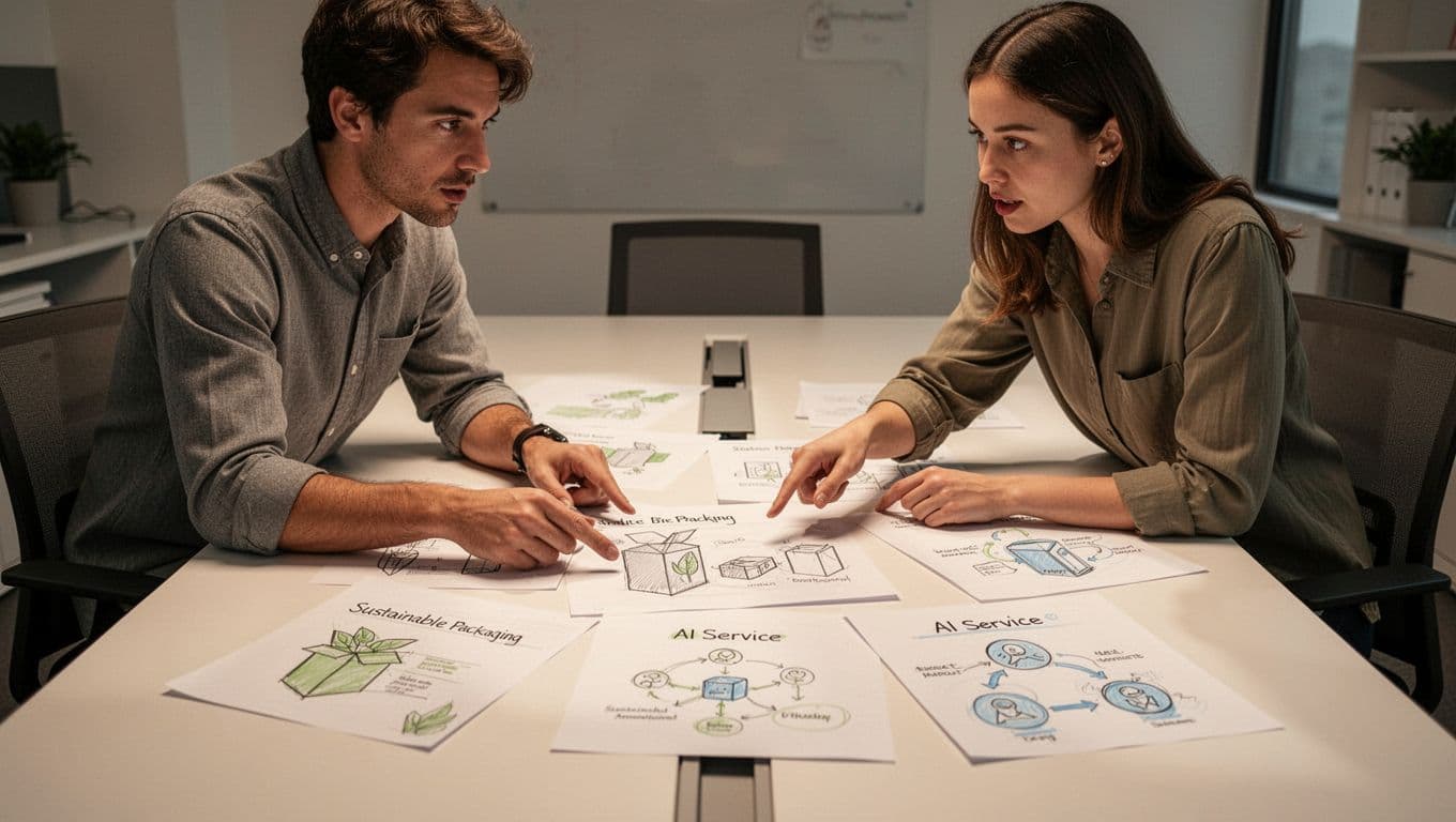 Modern illustration of a two-person product team brainstorming around a table with sketches of new features based on trend data, including icons for eco-friendly packaging and personalized AI services.