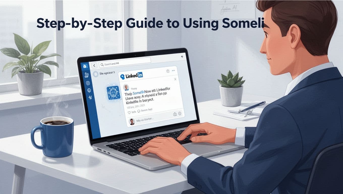 Modern illustration of a professional at a desk using a laptop with a simple AI interface to draft a LinkedIn post, in a cozy office with coffee mug and soft lighting.