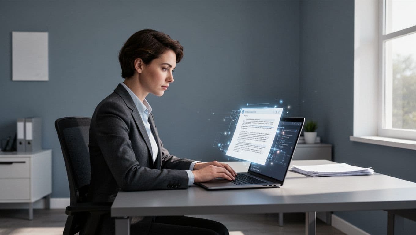 Modern illustration of a busy professional at a desk with laptop open to a PDF, AI summarizing it with key highlights on screen. Clean shapes in blues and grays, relaxed pose in natural office with soft lighting.