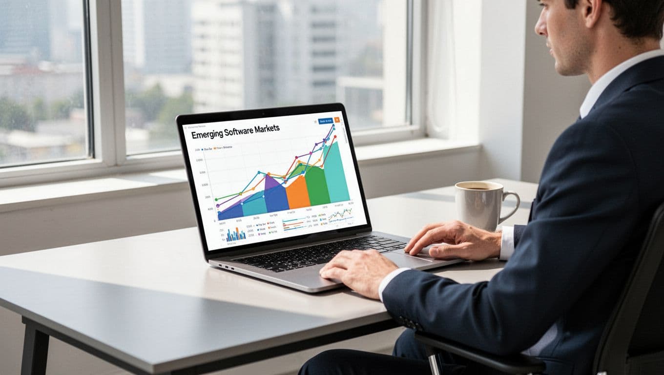 Modern illustration of a professional at a desk in a bright office, viewing the Exploding Topics dashboard on a laptop showing rising trends for AI agents and cybersecurity.