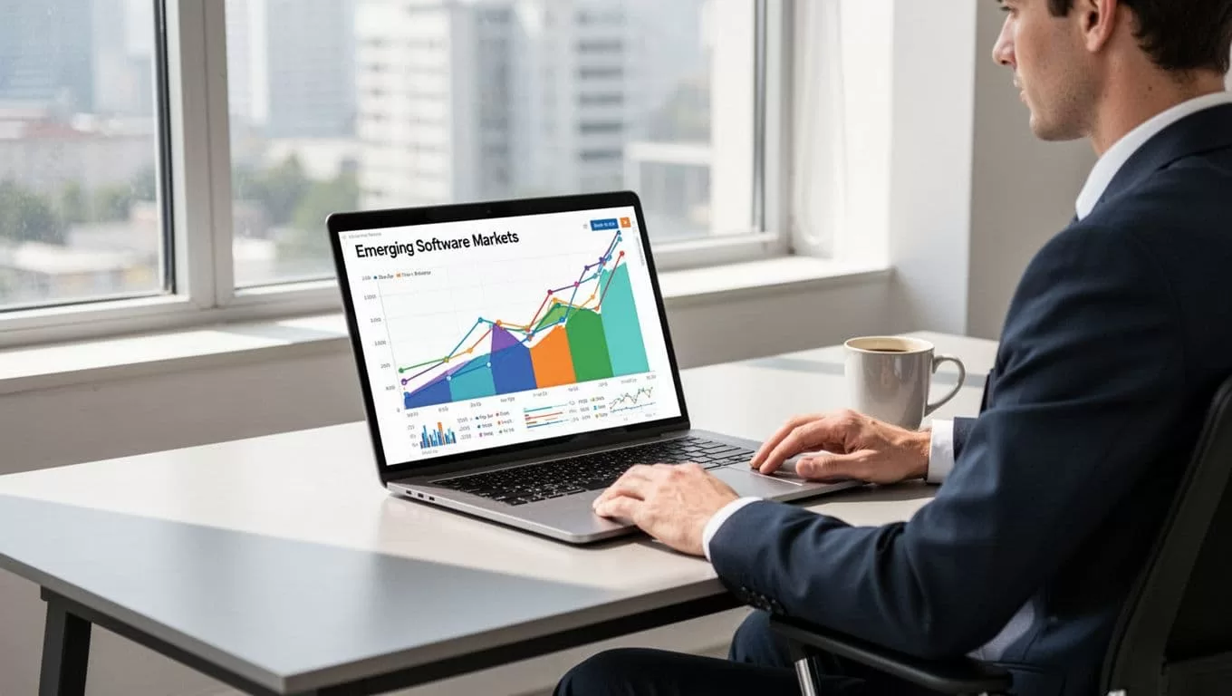 Modern illustration of a professional at a desk in a bright office, viewing the Exploding Topics dashboard on a laptop showing rising trends for AI agents and cybersecurity.