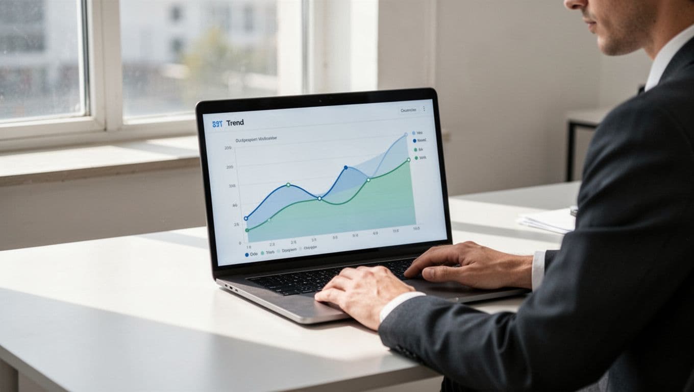 Modern illustration of a focused professional at a clean desk reviewing the Exploding Topics dashboard on a laptop screen, displaying abstract rising trend graphs for sleep tech in soft blue and green tones.
