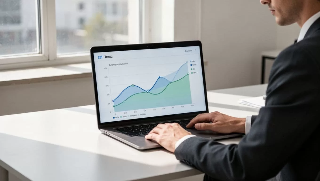 Modern illustration of a focused professional at a clean desk reviewing the Exploding Topics dashboard on a laptop screen, displaying abstract rising trend graphs for sleep tech in soft blue and green tones.