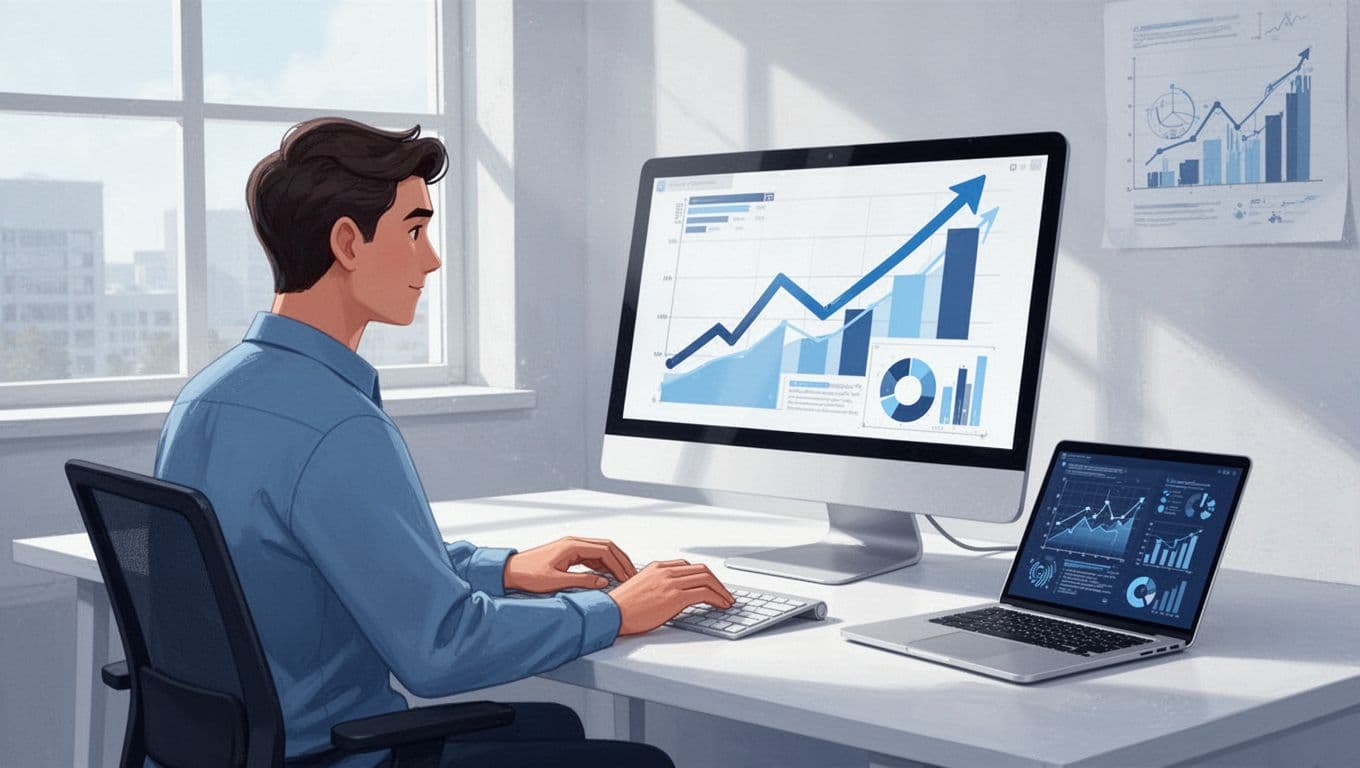 Modern illustration of a relaxed professional at a desk in a bright office, viewing upward-trending tech graphs and charts on a computer screen with a laptop nearby.