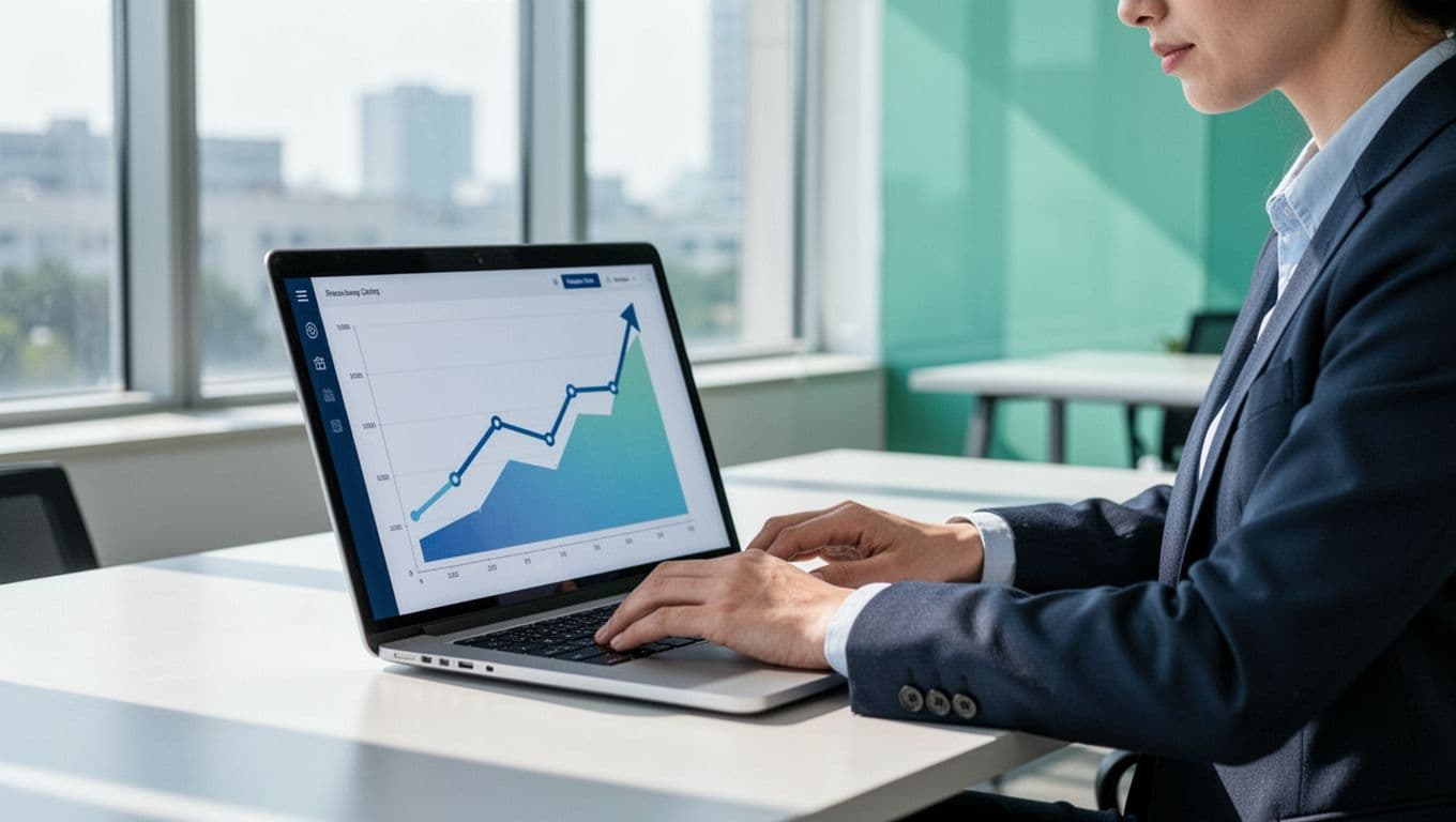 A business professional in a bright modern office analyzes upward trend graphs on a laptop for emerging senior care services like aging-in-place telehealth and dementia care. The modern illustration uses clean shapes, a blue-green palette, and soft lighting in a balanced side-angle composition.