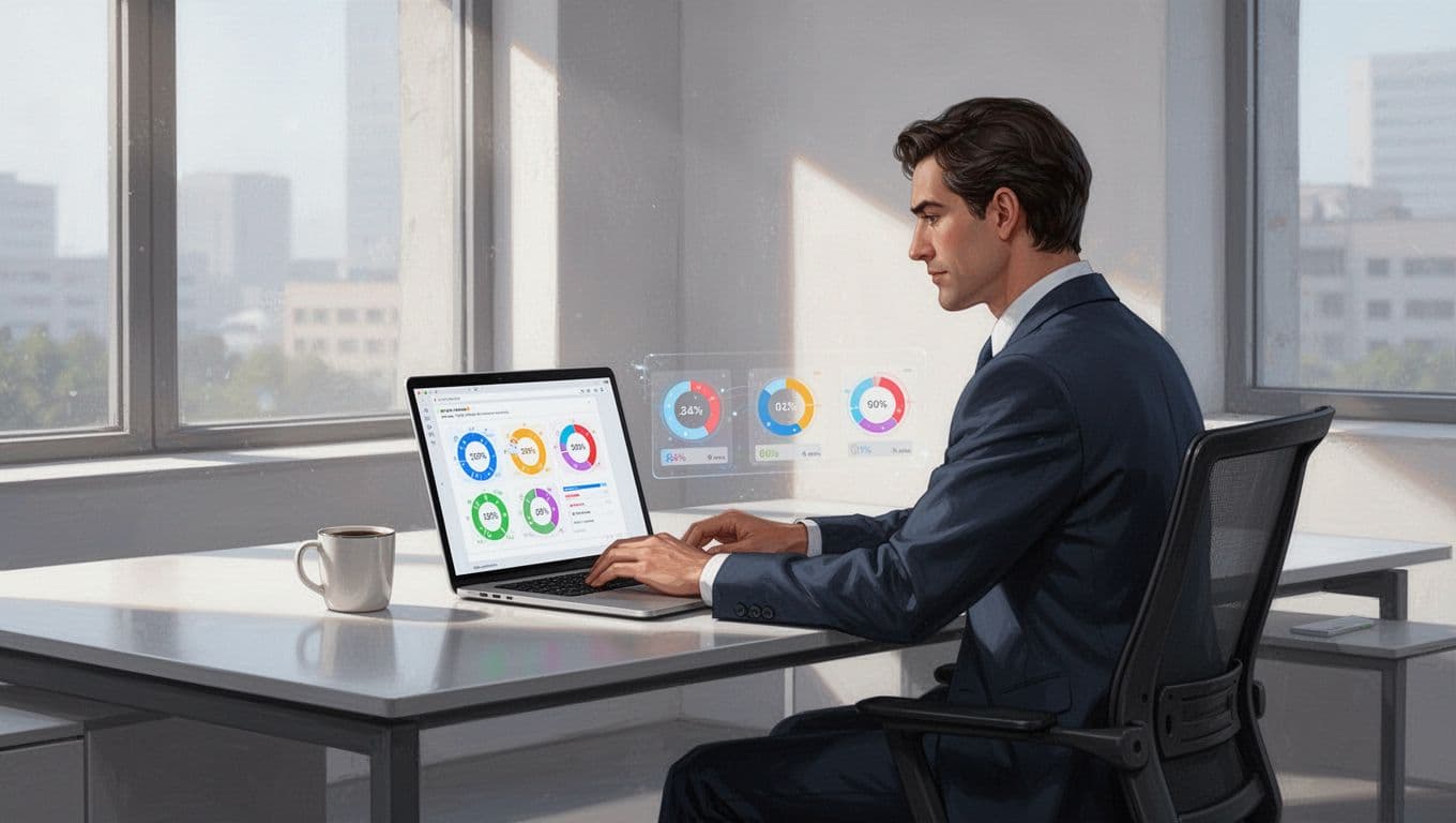 Modern illustration of a professional at a desk reviewing email verification results on Hunter.io via laptop, with coffee mug nearby, featuring clean shapes, soft lighting, and relaxed pose.