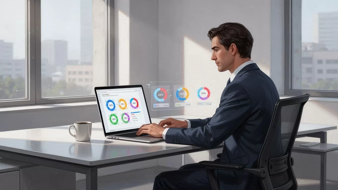 Modern illustration of a professional at a desk reviewing email verification results on Hunter.io via laptop, with coffee mug nearby, featuring clean shapes, soft lighting, and relaxed pose.