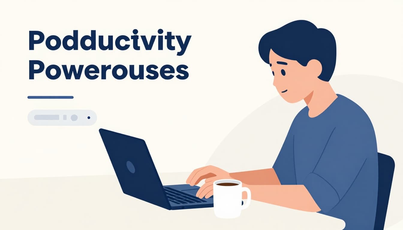 Modern side-angle illustration of a focused professional at a clean desk with laptop displaying Chrome browser tabs, coffee mug nearby, in blue-neutral palette emphasizing productivity workflow.