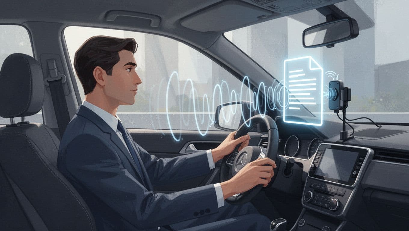 Modern illustration in blues and grays showing a busy professional driving a car with a phone mounted on the dashboard playing text-to-speech audio visualized as sound waves from a PDF icon. The focused driver has one hand on the wheel, with natural window lighting and strong composition.