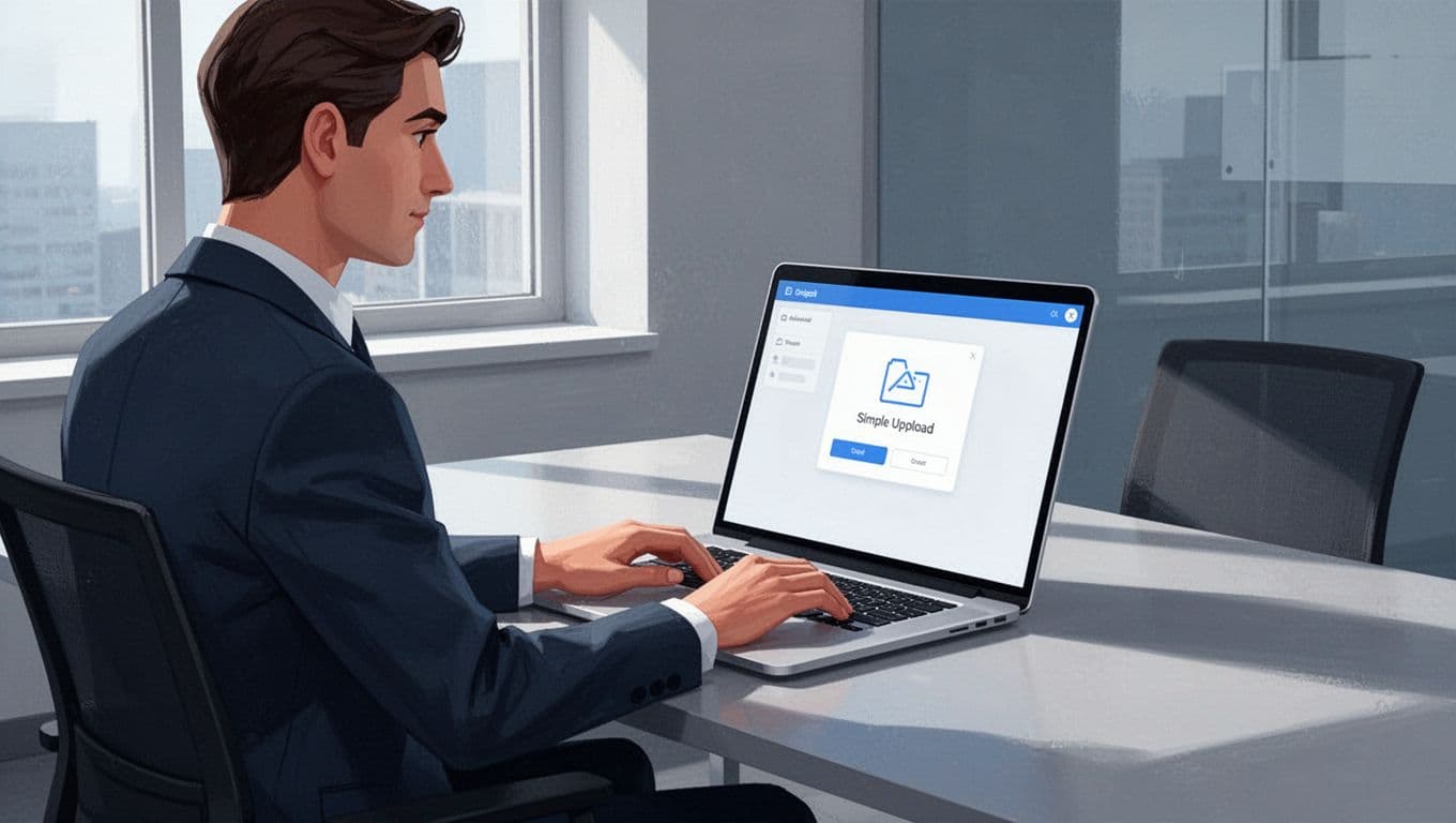 Modern illustration of a business professional at a desk in a contemporary office, setting up the Transistor.fm podcast hosting dashboard on a laptop screen with a simple upload interface, side view with natural lighting.