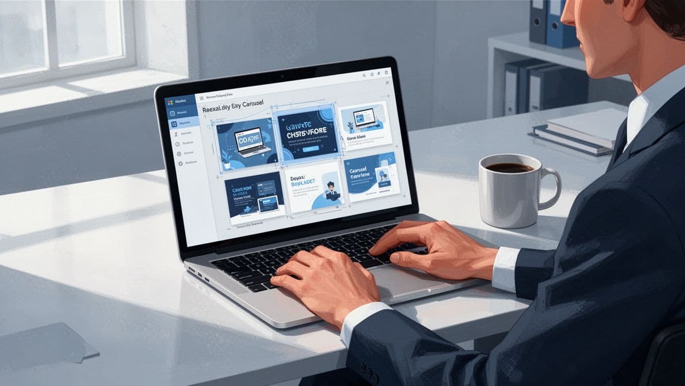 A professional at a modern desk uses a laptop displaying an AI generator interface for LinkedIn carousels, with a coffee mug nearby in a clean office setting.