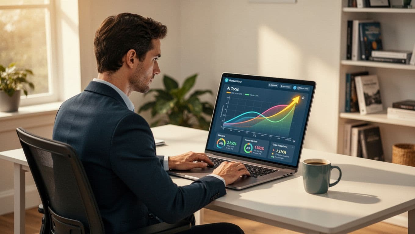 Modern illustration of a focused professional at a clean desk in a bright home office, viewing a laptop screen displaying an Exploding Topics dashboard with rising trend graphs for AI tools. The composition features controlled blue and green palette, warm lighting, one coffee mug, and strong central focus with no watermarks or logos.