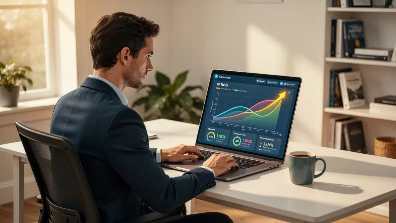 Modern illustration of a focused professional at a clean desk in a bright home office, viewing a laptop screen displaying an Exploding Topics dashboard with rising trend graphs for AI tools. The composition features controlled blue and green palette, warm lighting, one coffee mug, and strong central focus with no watermarks or logos.