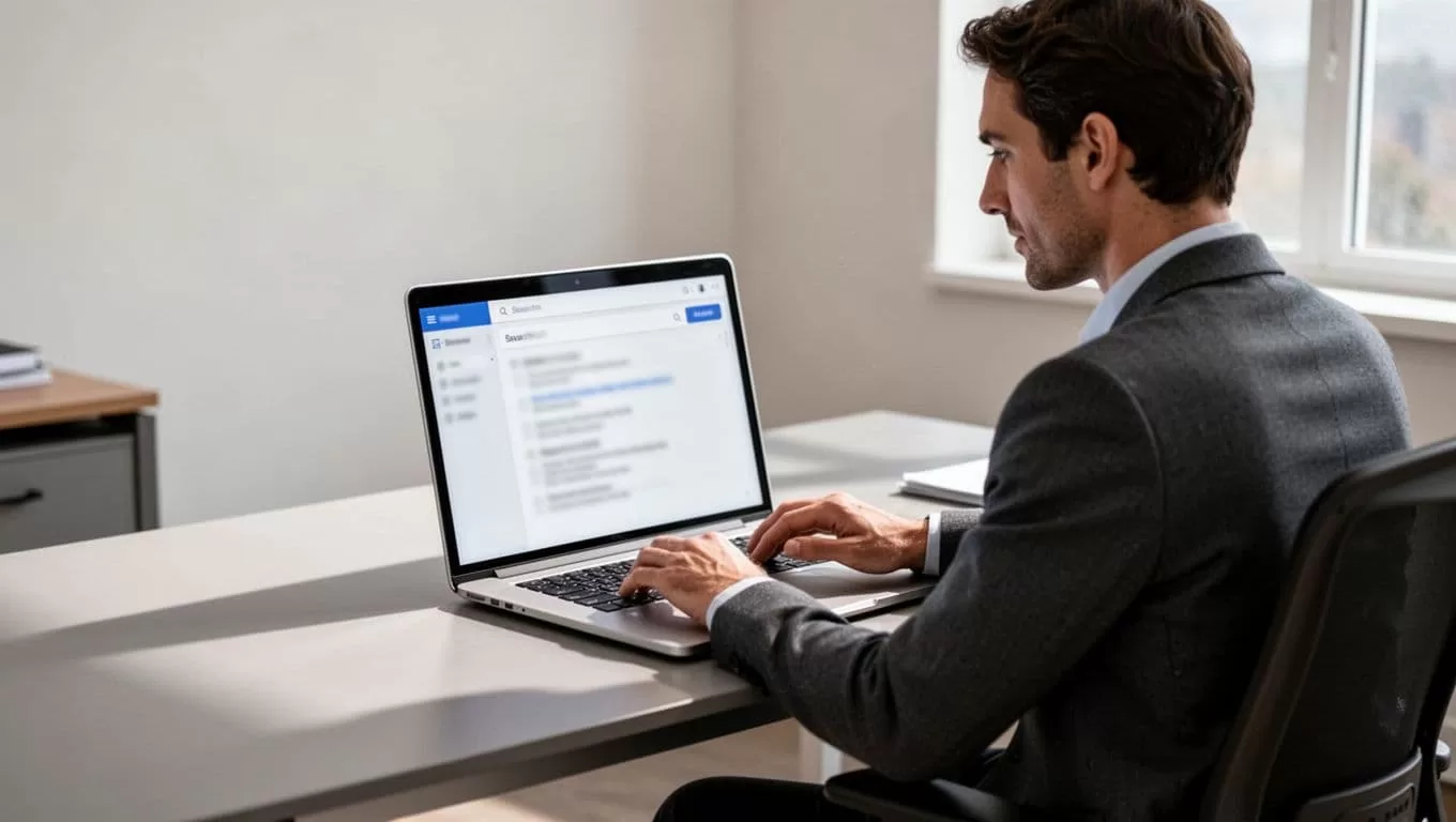 Modern illustration of a person at a desk searching for emails on a laptop screen showing a company domain search interface in a clean office setting with side-angle focus and bright natural lighting.
