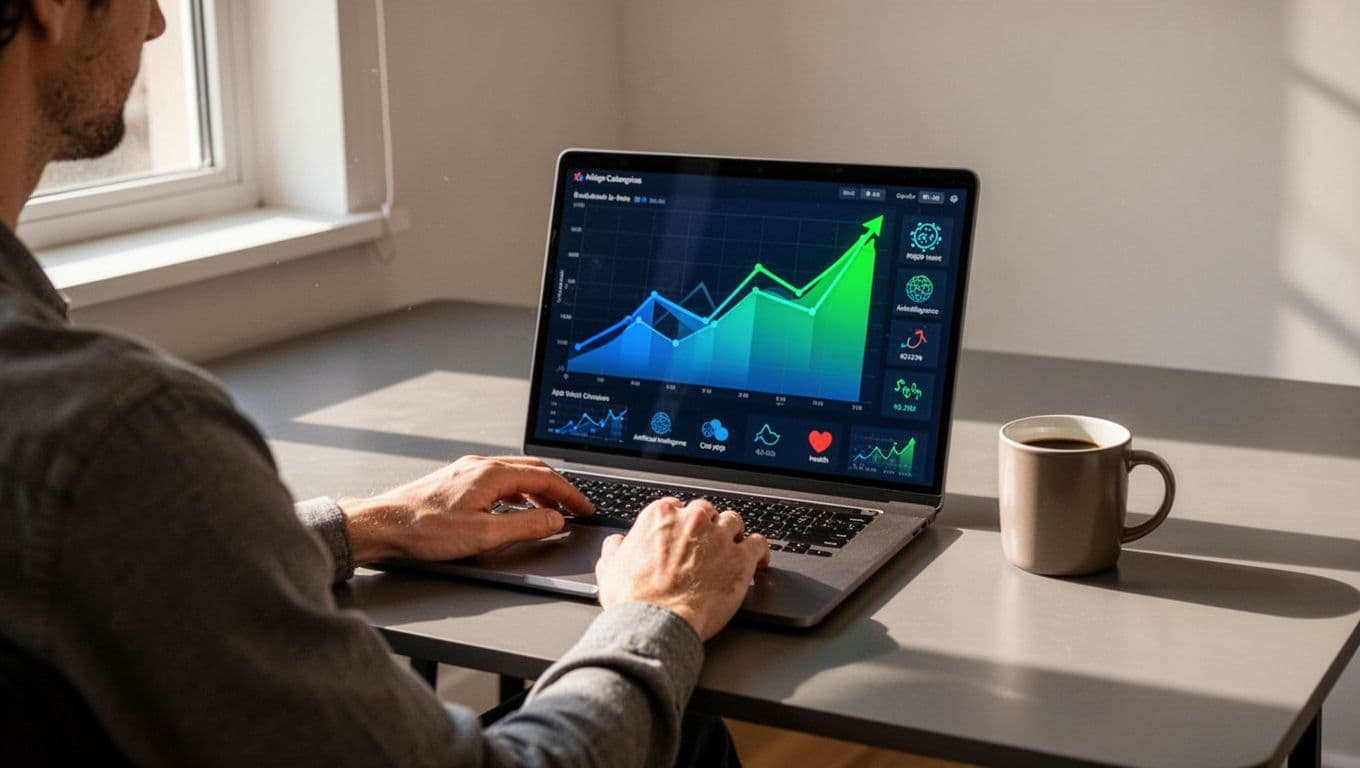Person sitting relaxed at a modern desk in a bright office, laptop displaying Exploding Topics dashboard with colorful rising trend graphs for app categories like AI and health apps, coffee mug nearby, soft side lighting, clean modern illustration style.