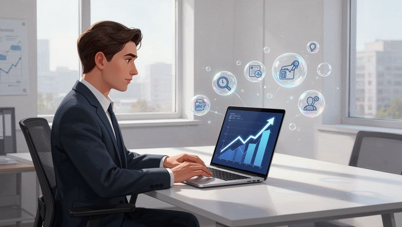 Modern illustration of a focused professional in a bright office sitting at a desk with a laptop open to the Exploding Topics dashboard, displaying abstract upward-trending graphs and topic bubbles.