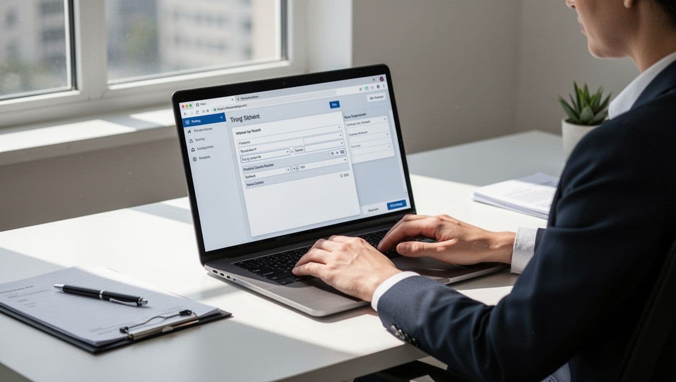 Modern illustration of a professional at a desk filling out a digital client intake form on a laptop, in a clean office setting with soft natural lighting and focused composition.