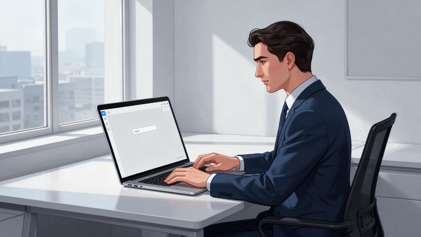 Modern illustration of a focused professional at a clean modern desk using a laptop for Hunter.io domain search, with the screen showing a simple interface and domain entered in the search bar.