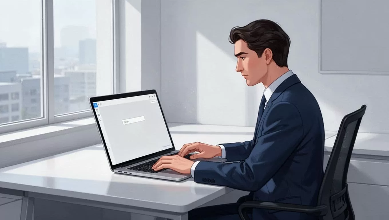 Modern illustration of a focused professional at a clean modern desk using a laptop for Hunter.io domain search, with the screen showing a simple interface and domain entered in the search bar.