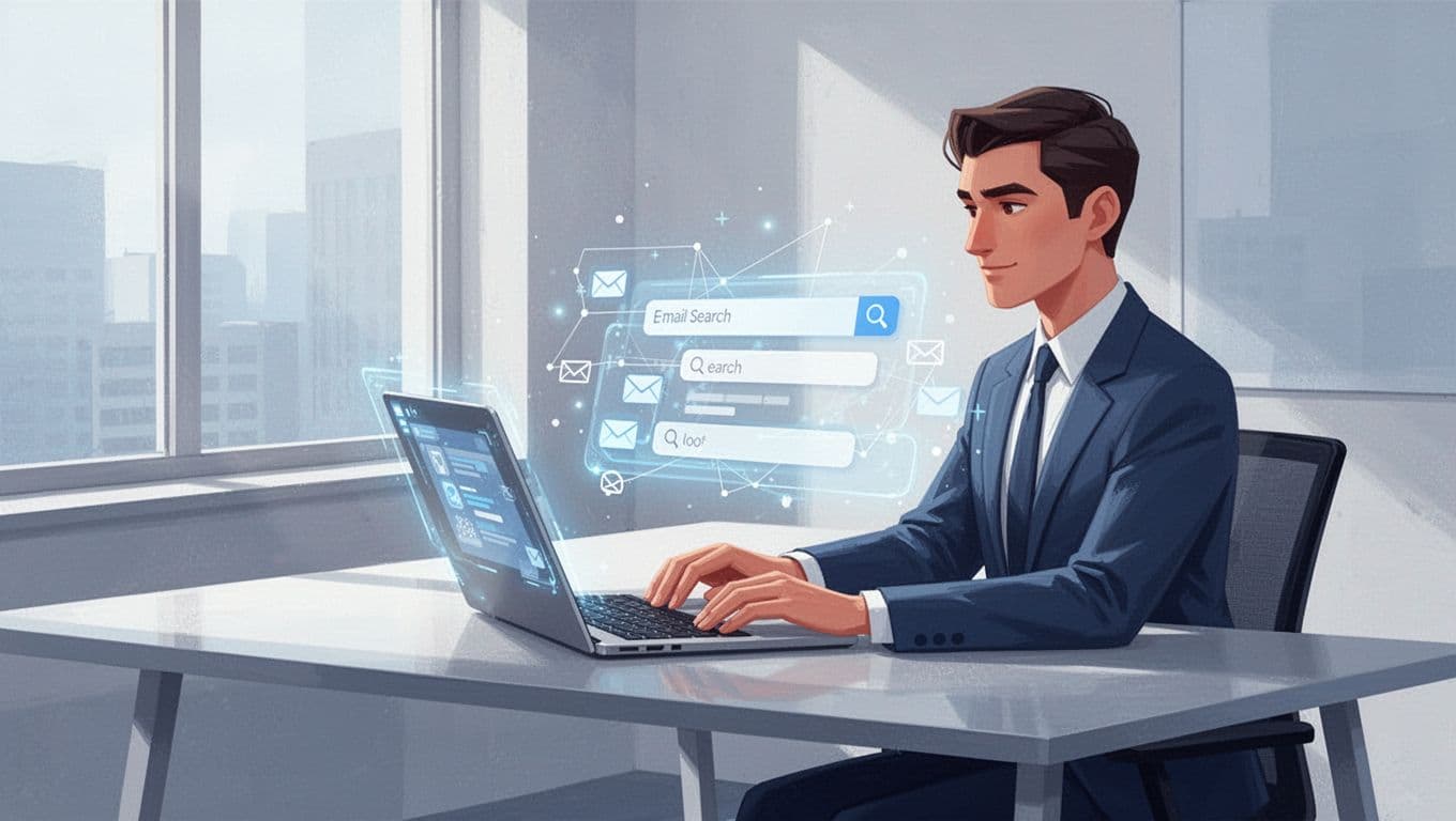 Modern illustration with clean shapes, controlled color palette of blues and whites, strong composition: exactly one professional at a modern desk in a bright office, using laptop to search domain on Hunter.io dashboard, screen shows simplified email search interface without readable text or logos, hands relaxed on keyboard, focused expression, soft natural window lighting, no additional people, no text anywhere, no watermarks.