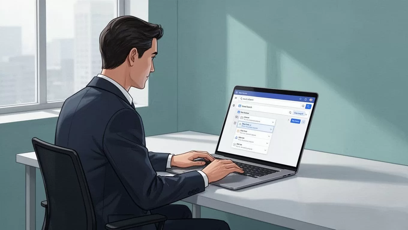 Modern illustration of a professional at a clean desk using a laptop to search for emails on the Hunter.io dashboard, in a simple office with soft natural light and clean blue-green palette.