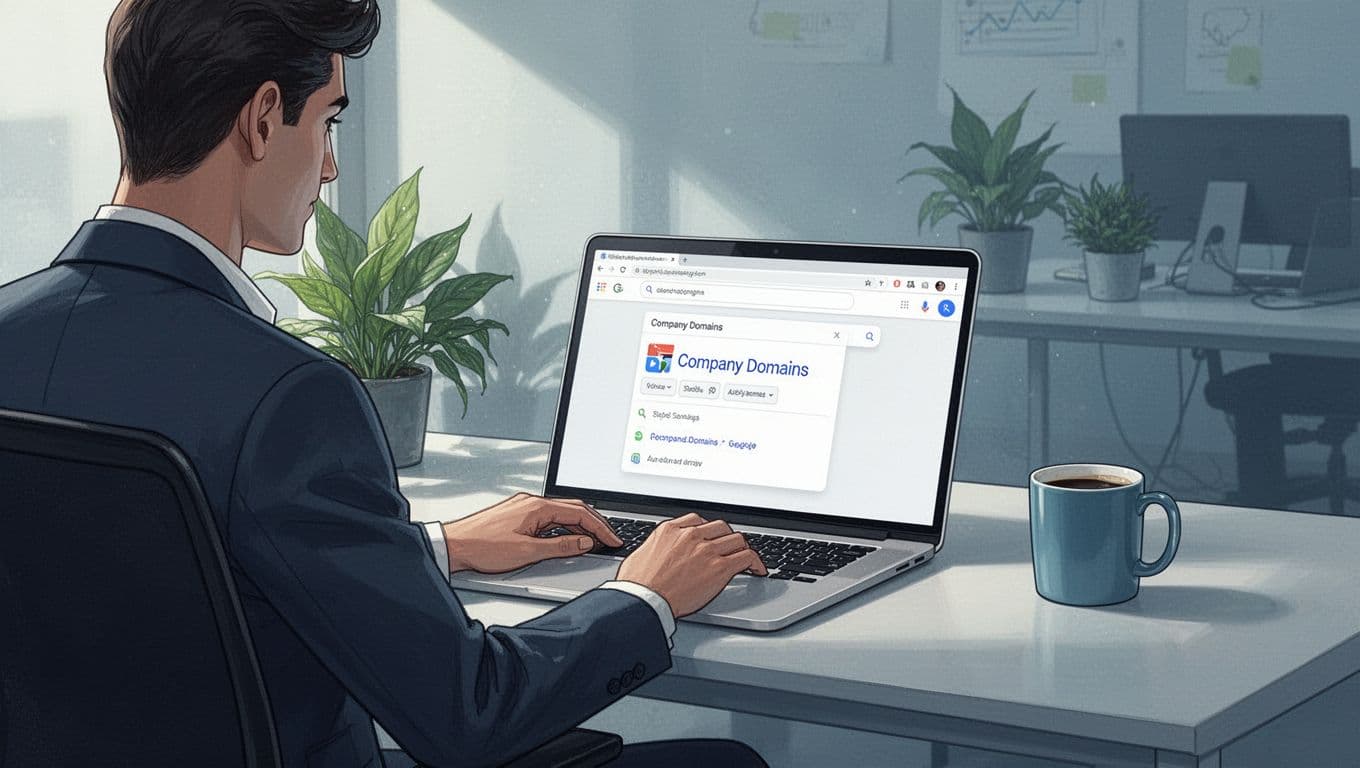 Modern illustration of a focused professional at a desk with laptop open to Hunter.io interface, searching company domains in a subtle startup office with plants and coffee.