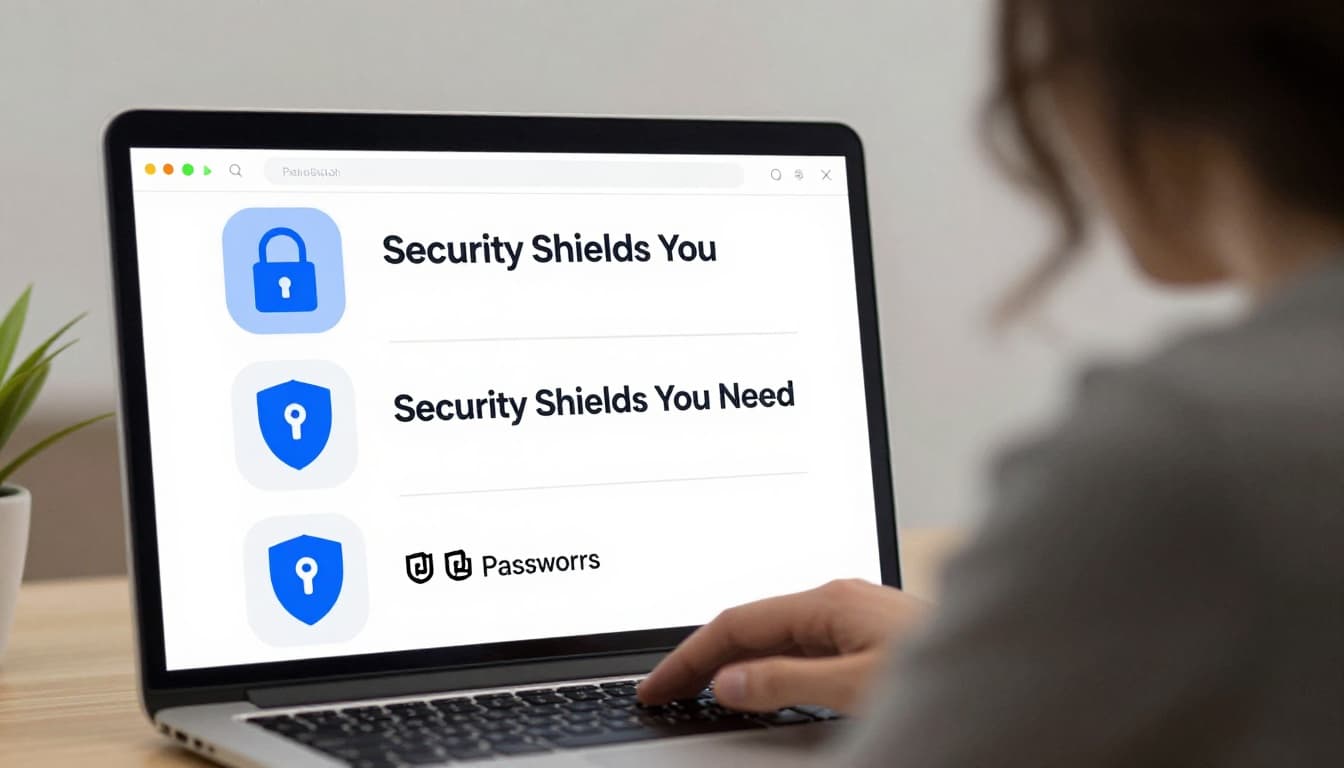 Modern illustration of a professional checking passwords on a laptop with secure lock icon over browser tabs and subtle cybersecurity shields in a focused workspace.
