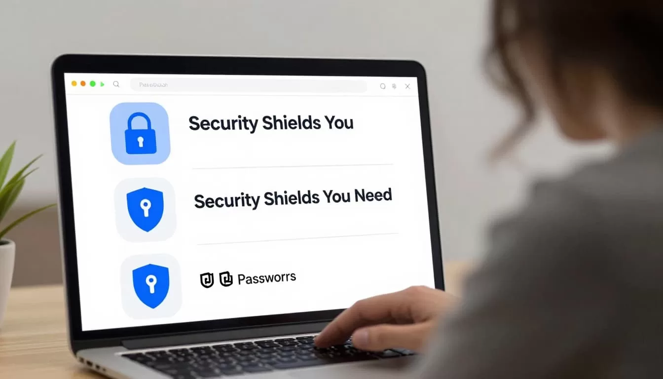 Modern illustration of a professional checking passwords on a laptop with secure lock icon over browser tabs and subtle cybersecurity shields in a focused workspace.