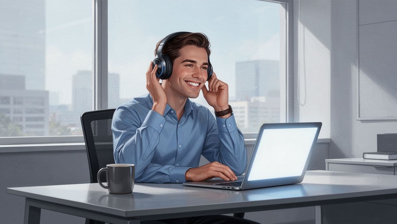 A smiling professional at a modern desk uses a laptop showing an email inbox while wearing wireless headphones to listen, with a coffee mug nearby, evoking a relaxed multitasking vibe in a clean illustration style with blues and grays.