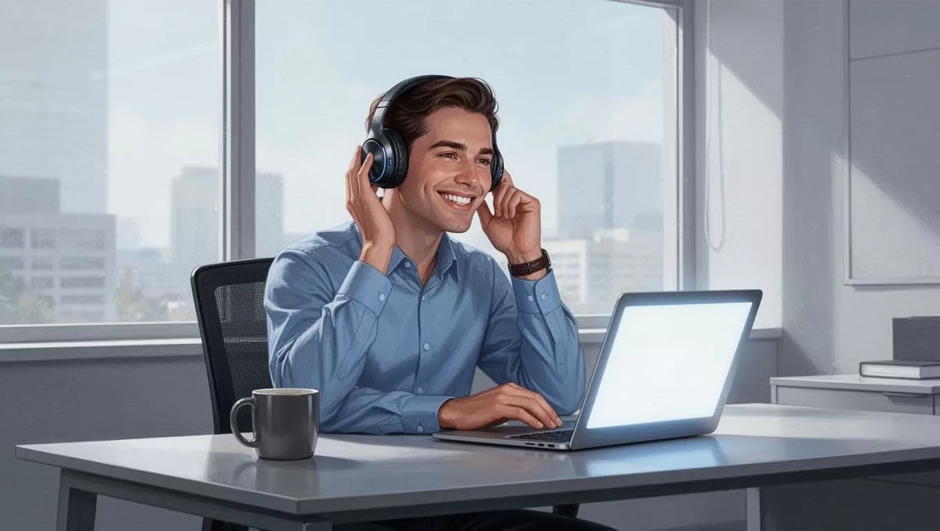 A smiling professional at a modern desk uses a laptop showing an email inbox while wearing wireless headphones to listen, with a coffee mug nearby, evoking a relaxed multitasking vibe in a clean illustration style with blues and grays.