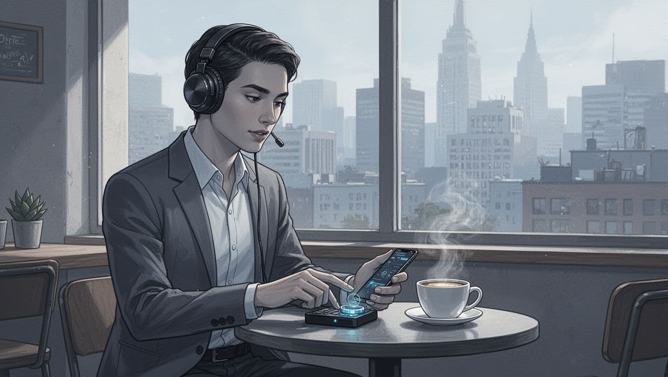 Modern blue-gray illustration of a professional in a coffee shop using a text-to-speech app on smartphone with headphones, coffee cup nearby, and city view through window.