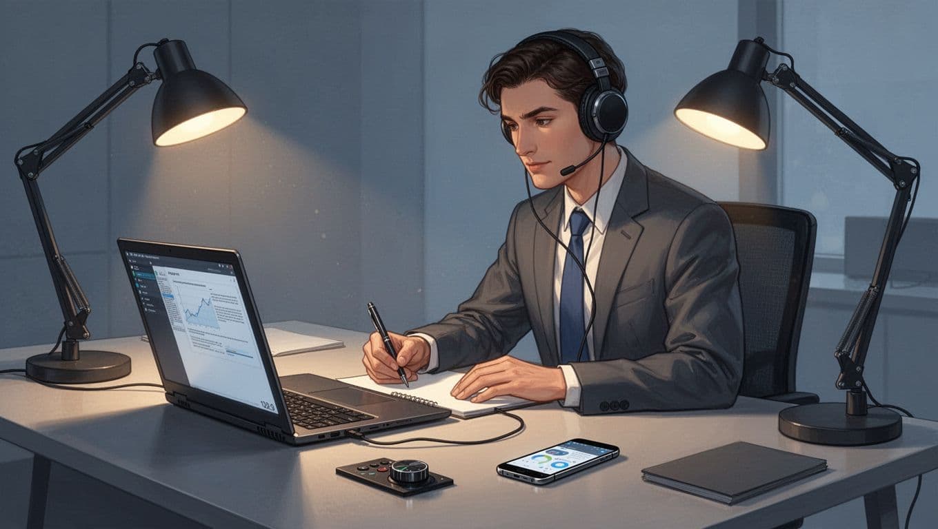 Modern illustration of a professional at a desk multitasking with synced phone and laptop, listening to a report via headphones under warm lamp light, in blues and grays.