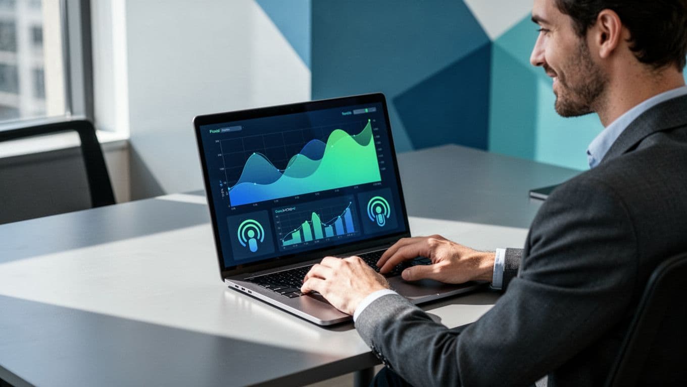 Professional at desk views laptop screen with podcast dashboard showing analytics charts, episode list, and distribution icons.