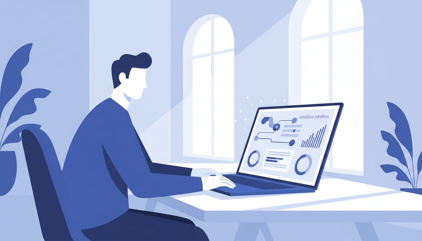 Professional at desk views Recruit CRM dashboard with candidate pipelines and metrics on angled laptop screen in sunlit office.