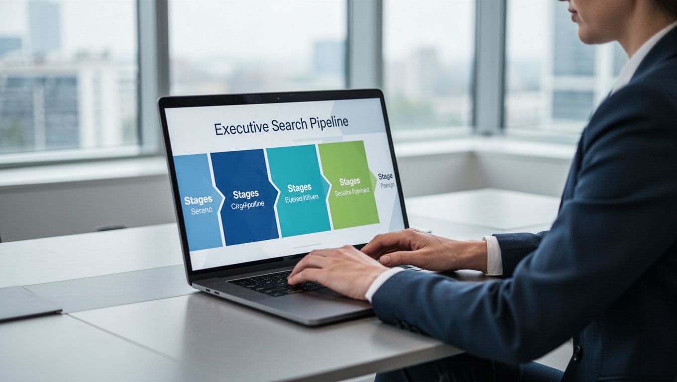 Modern illustration of a recruiter at a clean desk examining a laptop screen displaying a digital Kanban board with executive search candidate pipeline stages including sourcing, longlist, shortlist, and offer, in soft natural lighting with blues and greens palette.