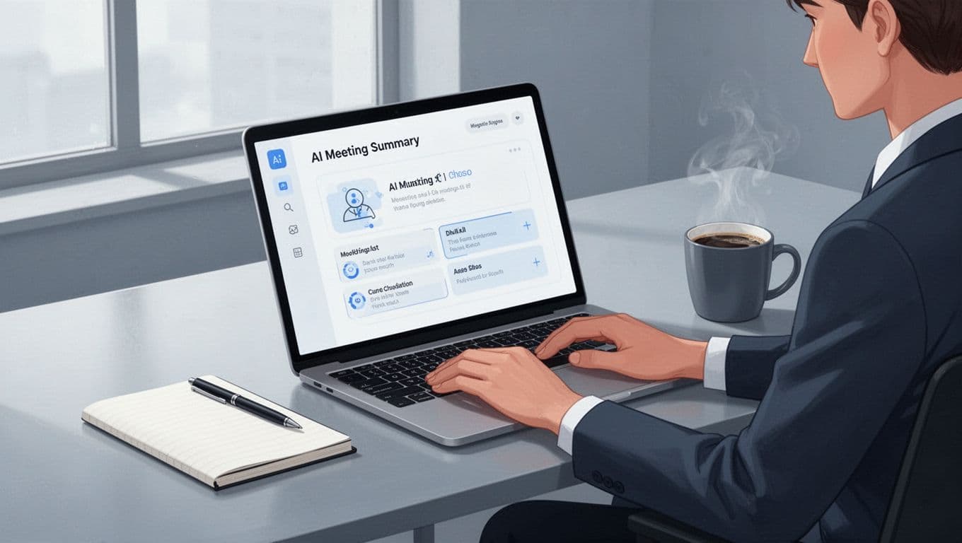 Modern illustration of a professional at a modern desk reviewing a clean AI meeting summary dashboard on an angled laptop screen, with notebook and coffee mug beside, in a controlled blue-gray palette.
