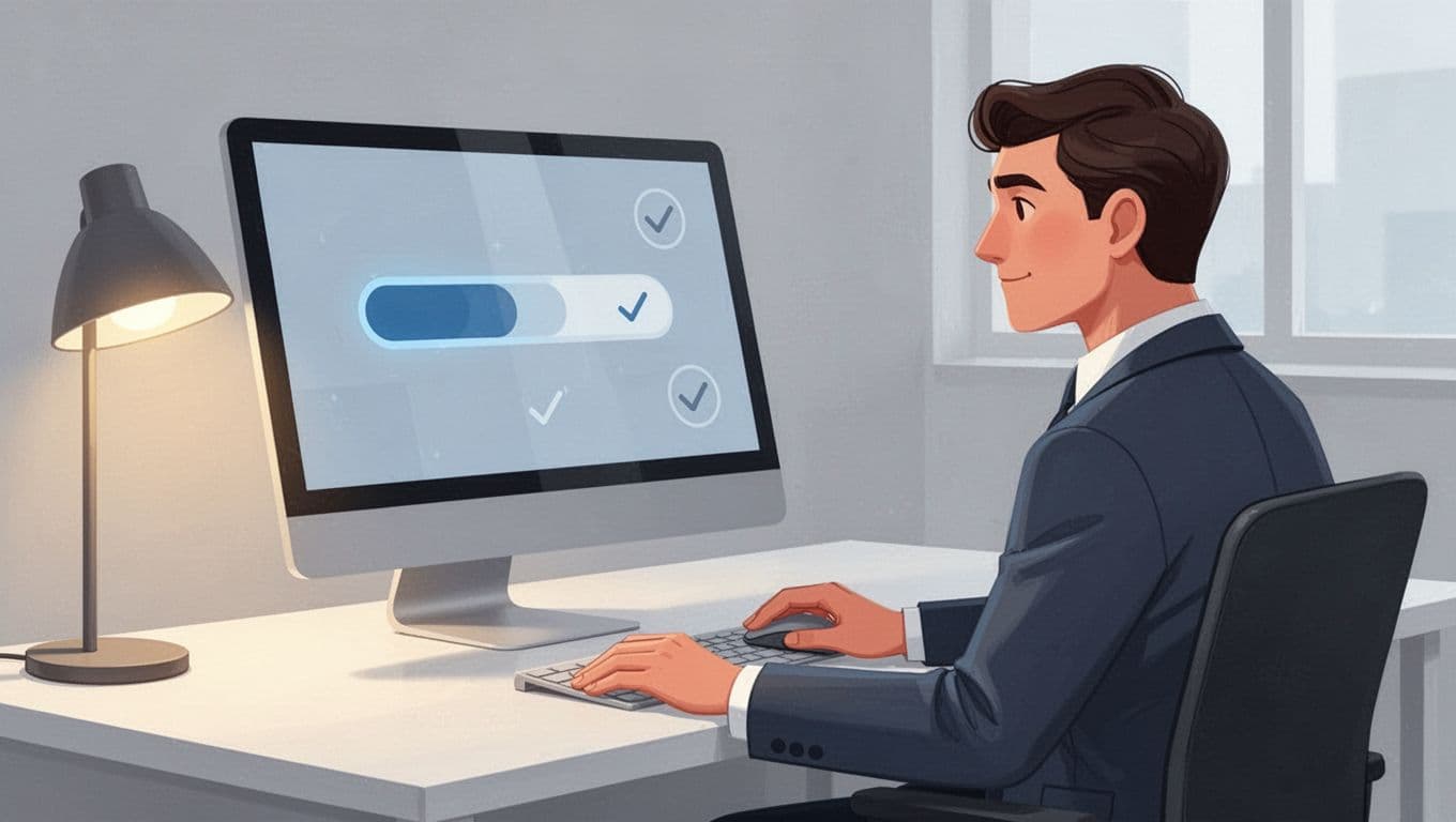 Modern flat illustration of a business professional in a home office, thoughtfully checking email verification results on a Hunter.io bulk upload page via desktop computer, featuring clean shapes, soft blue-gray-white palette, focused screen with abstract progress bar and check icons, warm lamp lighting.