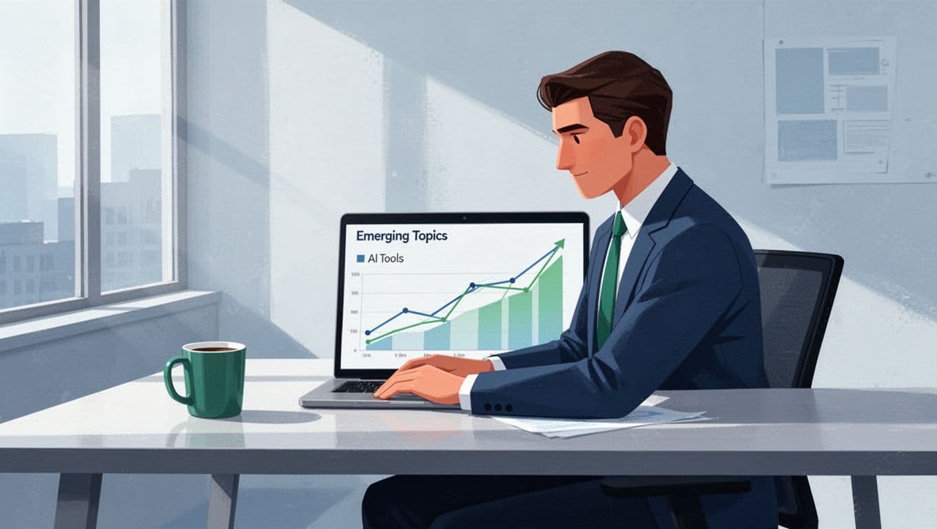 A focused professional at a modern desk reviews the Exploding Topics dashboard on a laptop screen, with charts showing rising trend lines for emerging topics like AI tools, in a clean office with coffee mug nearby.
